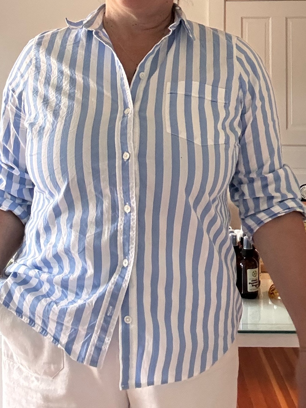 J. Crew Factory Blue and White Vertical Stripe Button-Down Shirt